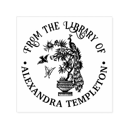 Peacock on Plant Butterfly Bird Library図書名 セルフインキングスタンプ (デザイン)