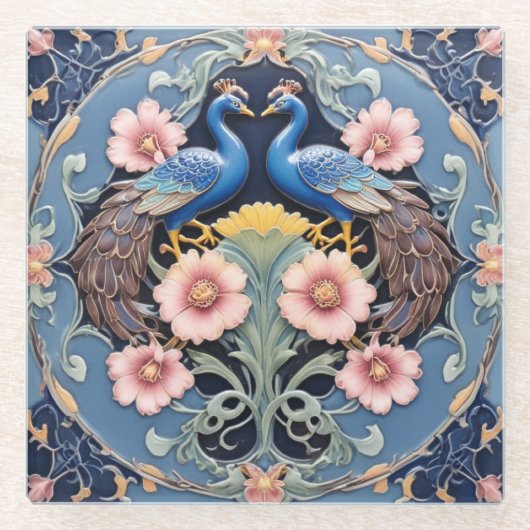 Peacock Pair Coaster ガラスコースター (正面)