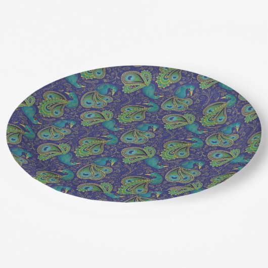Peacock Paisley Pattern Blue ペーパープレート (アングル)