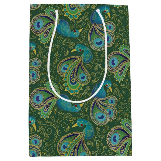 Peacock Paisley Pattern Green ミディアムペーパーバッグ (正面)
