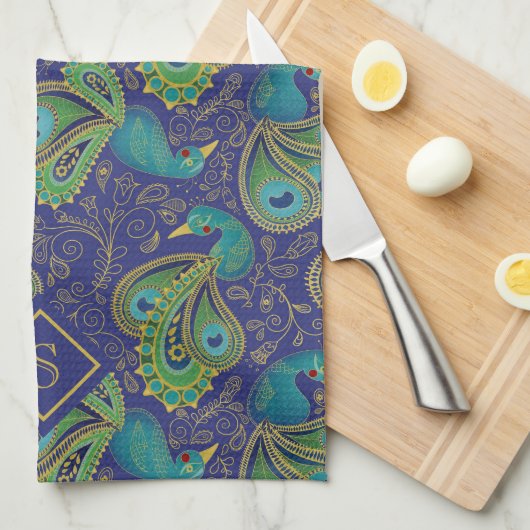Peacock Paisley Royal Blue Monogram キッチンタオル (四つ折り)