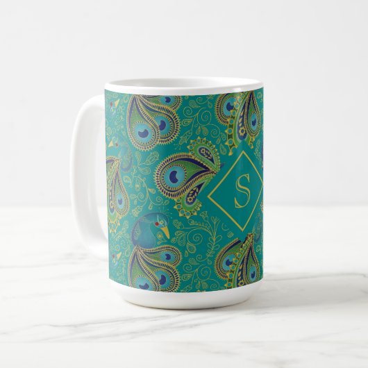 Peacock Paisley Royal Teal Monogram コーヒーマグカップ (正面左)