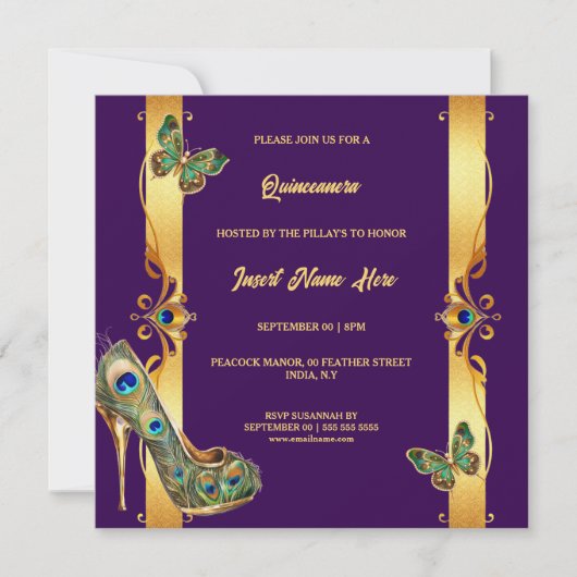 Peacock Quinceañera gold purple glam feathers シーズンカード (正面)