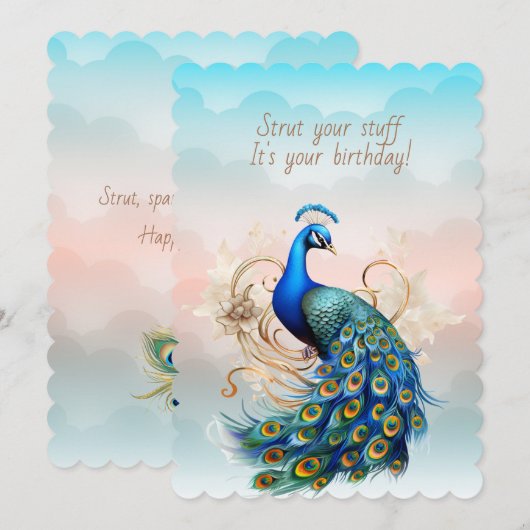 Peacock Strut Your Stuff Birthday カード (正面/裏面)