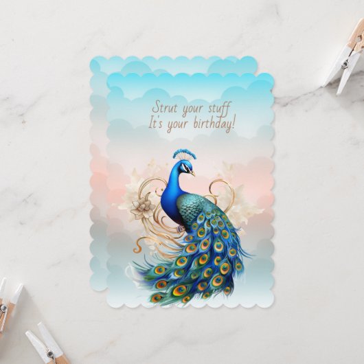 Peacock Strut Your Stuff Birthday カード (正面/裏面インサイチュ)