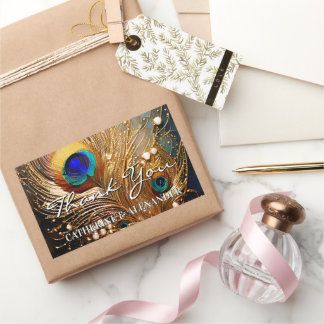 Peacock thank you wedding feathers plumage 長方形シール