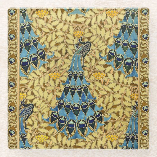 Peacocks Birds Rowan Trees Art Nouveau ガラスコースター (正面)