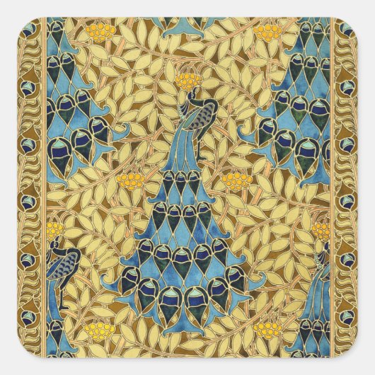 Peacocks Birds Rowan Trees Art Nouveau スクエアシール (正面)