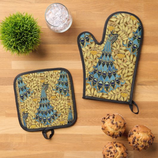 Peacocks Birds Rowan Trees Art Nouveau 鍋つかみ&鍋敷きセット (トップダウン)