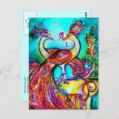 PEACOCKS IN LOVE MONOGRAM赤い青いターカーズグリーン ポストカード (正面/裏面)