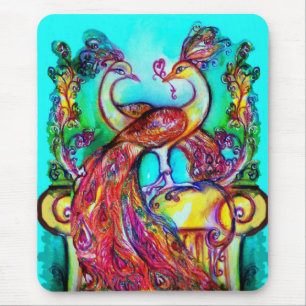 PEACOCKS IN LOVE MONOGRAM赤い青いターカーズグリーン マウスパッド