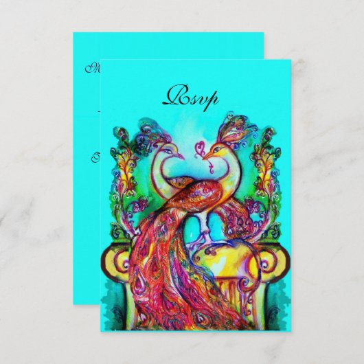 PEACOCKS IN LOVE RSVP，レッドアクアブルーターコイズ 出欠カード (正面/裏面)