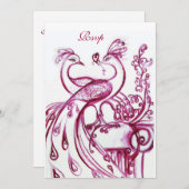 PEACOCKS IN LOVE RSVP、赤いブルゴーニュ白 招待状 (正面/裏面)