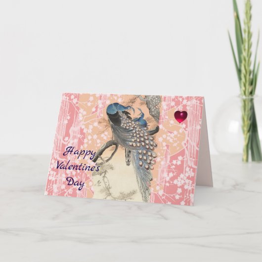 PEACOCKS,PINK SAKURA FLOWERS Floral Valentine Day シーズンカード (正面)