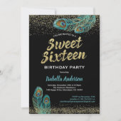 Peacocksweet sixteen16誕生日パーティティール(緑がかった色)金ゴールド 招待状 (正面)