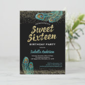 Peacocksweet sixteen16誕生日パーティティール(緑がかった色)金ゴールド 招待状 (スタンド正面)