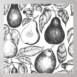 Pearシームレスパターン。手描きヴィンテージ庭園f ポスター