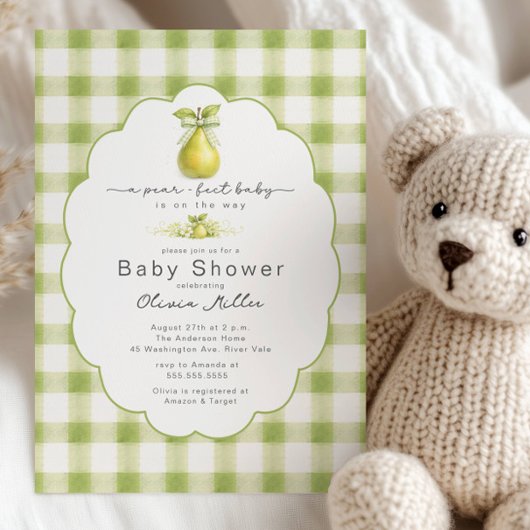 Pear-fect Baby Shower Green Gingham Invite 招待状