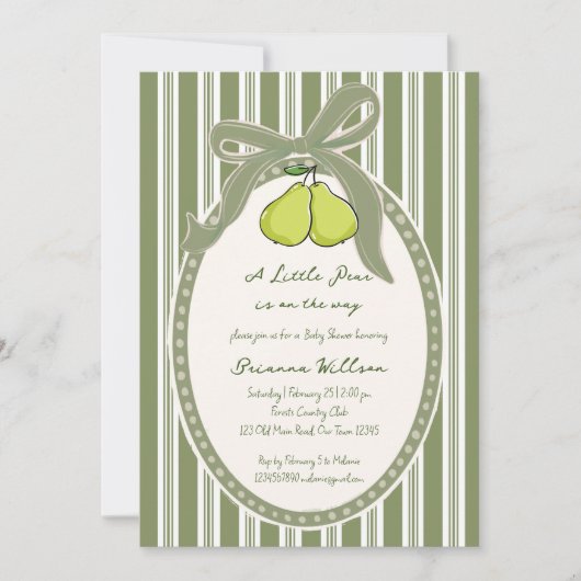 Pear sage green retro stripes baby shower 招待状 (正面)