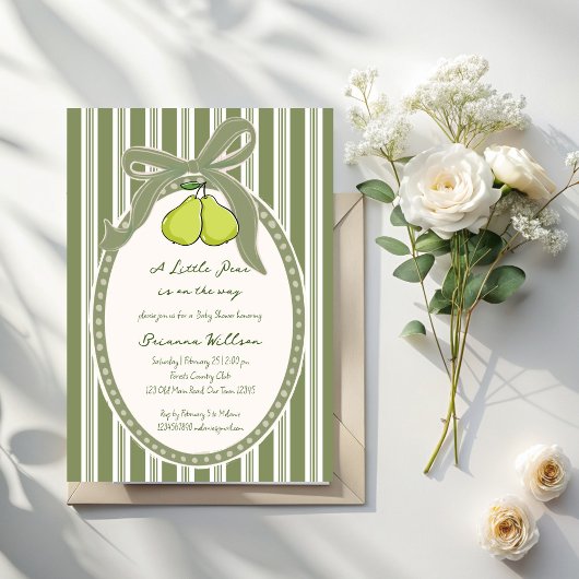 Pear sage green retro stripes baby shower 招待状