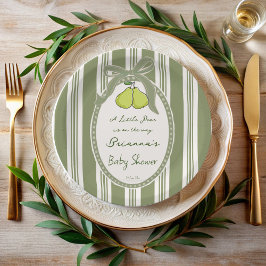 Pear sage green retro stripes baby shower custom ペーパープレート