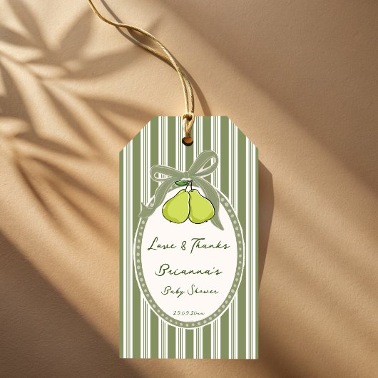 Pear sage green retro stripes baby shower favor ギフトタグ
