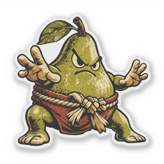 Pear Sumo — Funny Fruit Sumo Wrestler Vintage  シール (正面)