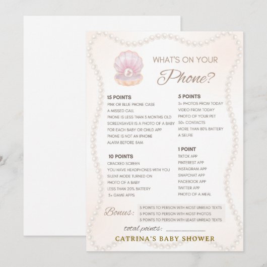 Pearl Baby Shower Game - Editable Name, 5x7 招待状 (正面/裏面)