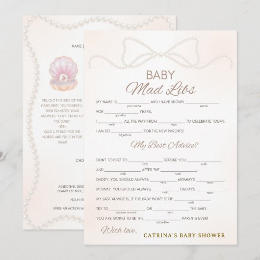 Pearl Baby Shower Game - Editable Name, 5x7 招待状 (正面/裏面)