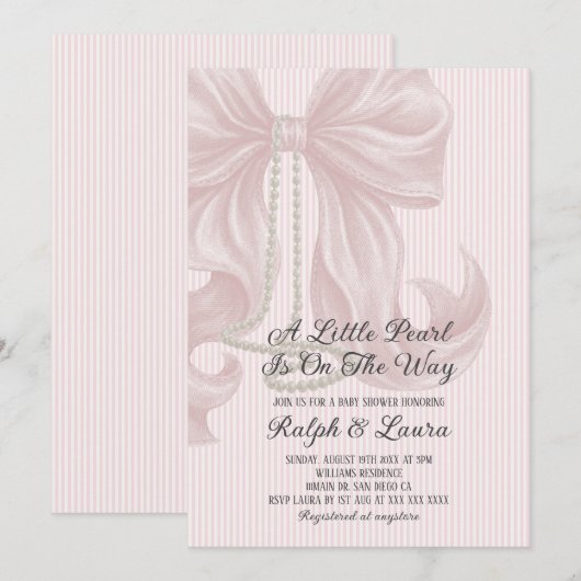 Pearl Bow Girl Baby Shower 招待状 (正面/裏面)