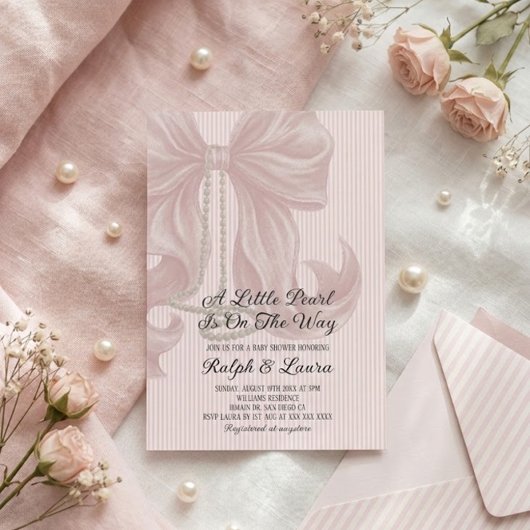 Pearl Bow Girl Baby Shower 招待状