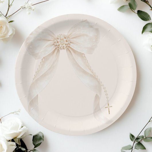 Pearl Bow Ivory Gold Cross Baptism ペーパープレート