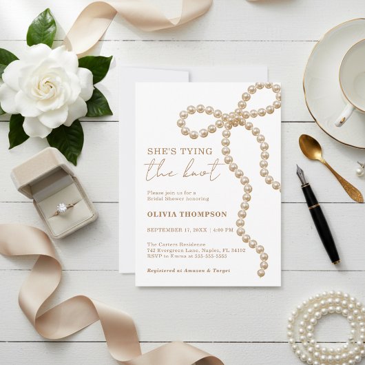 Pearl Bow She's Tying the Knot Bridal Shower 招待状