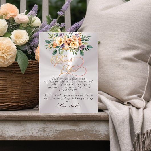 Pearl - Floral & Silver Tiara Quinceanera サンキューカード