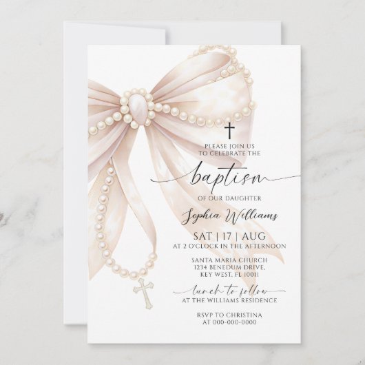 Pearl Rosary Bow Baptism 招待状 (正面)