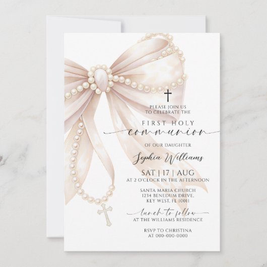 Pearl Rosary Bow First Holy Communion Invitation 招待状 (正面)