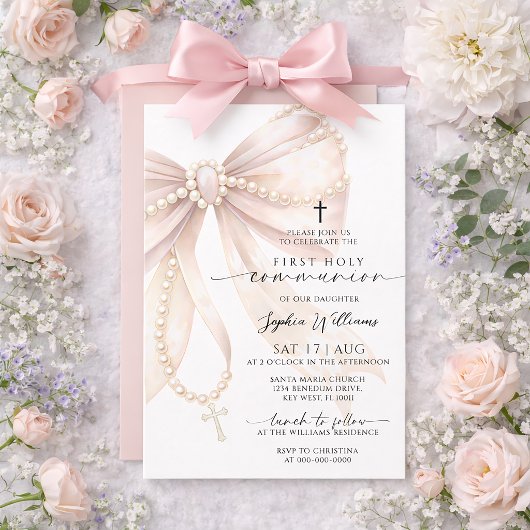 Pearl Rosary Bow First Holy Communion Invitation 招待状