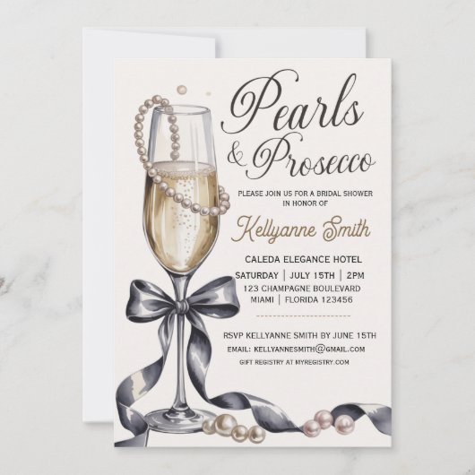 Pearls and Prosecco Black Bow Bridal Shower  招待状 (正面)