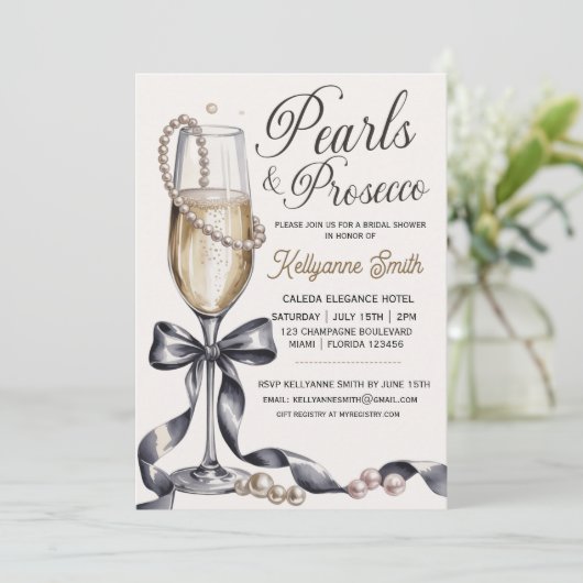 Pearls and Prosecco Black Bow Bridal Shower  招待状 (スタンド正面)