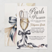 Pearls and Prosecco Black Bow Bridal Shower  招待状 (正面/裏面)