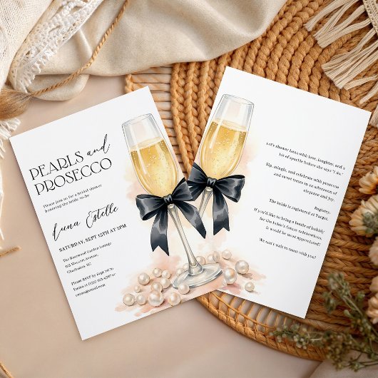 Pearls and Prosecco Black Bow Bridal Shower 招待状