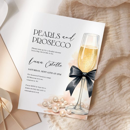 Pearls and Prosecco Black Bow Bridal Shower 招待状