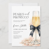 Pearls and Prosecco Black Bow Bridal Shower 招待状 (正面)
