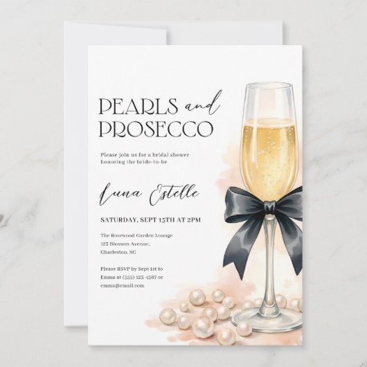 Pearls and Prosecco Black Bow Bridal Shower 招待状 (正面)