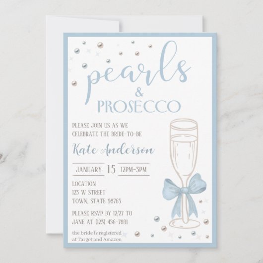Pearls and Prosecco Blue Bow Bridal Shower 招待状 (正面)