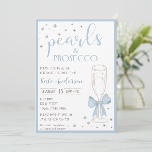 Pearls and Prosecco Blue Bow Bridal Shower 招待状 (スタンド正面)