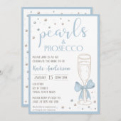 Pearls and Prosecco Blue Bow Bridal Shower 招待状 (正面/裏面)