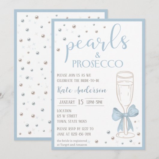 Pearls and Prosecco Blue Bow Bridal Shower 招待状 (正面/裏面)