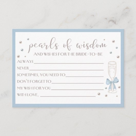 Pearls and Prosecco Blue Bow Bridal Shower Card (正面)