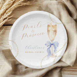 Pearls and Prosecco Blue Bridal Shower Paper Plate ペーパープレート